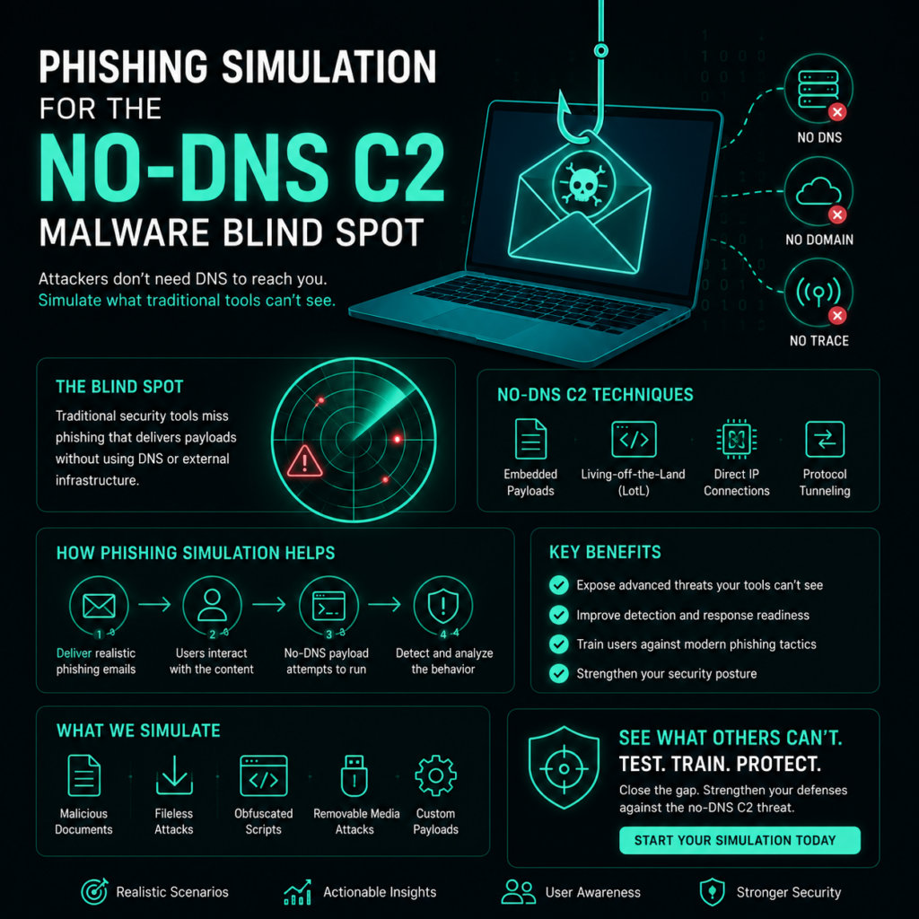 Phishing Simulation for the No-DNS C2 Malware Blind Spot